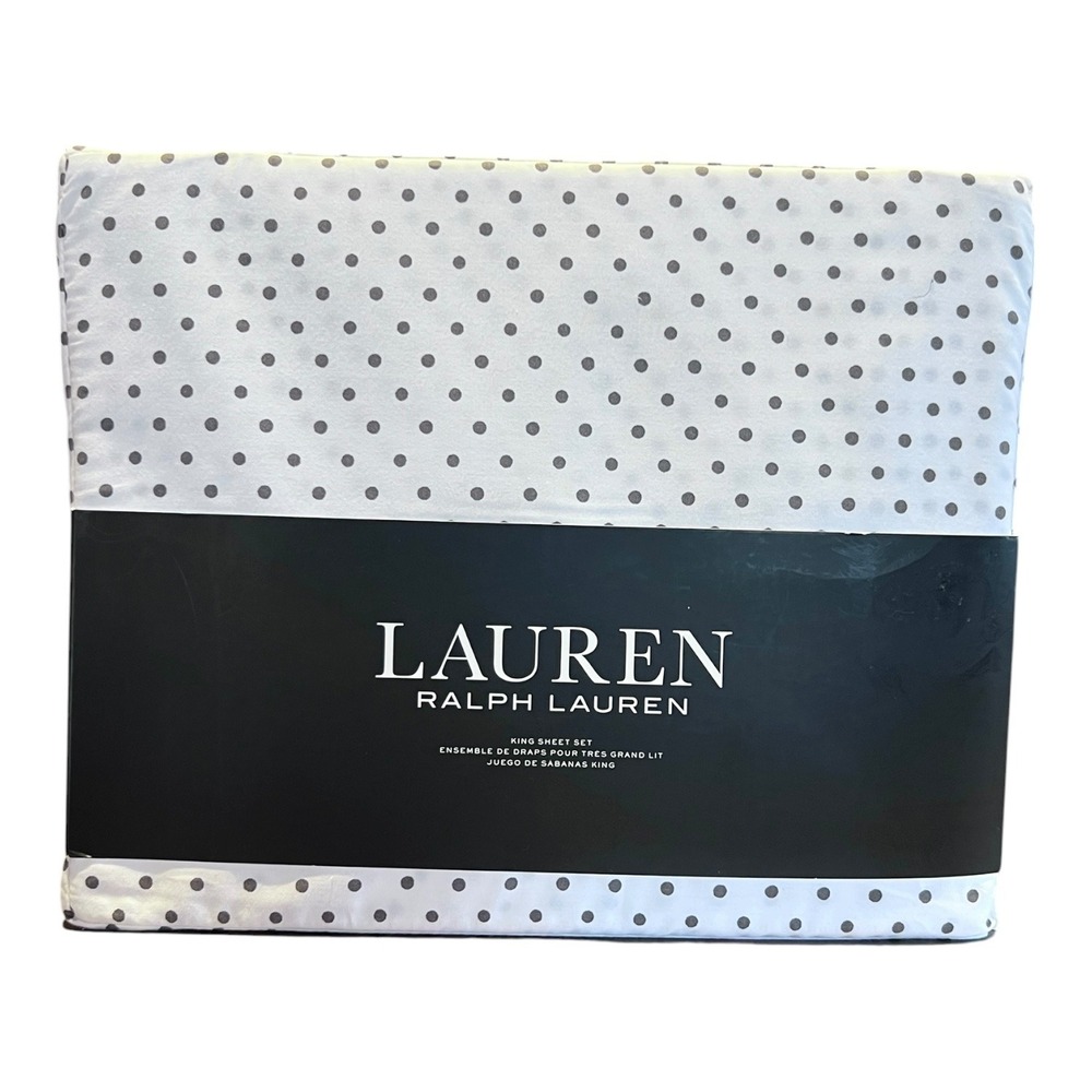 NEW Lauren Ralph Lauren King Sheet Set White Gray Dot Cotton Extra Deep Rare